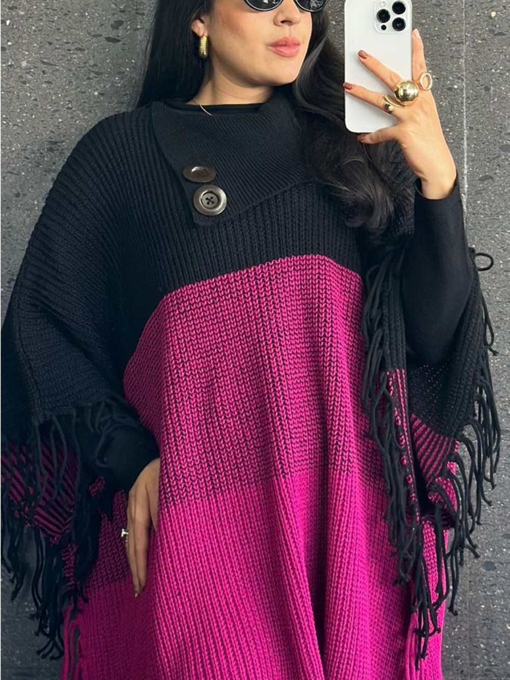 Black & Fuchsia Colorblock Knit Poncho with Buttoned Collar